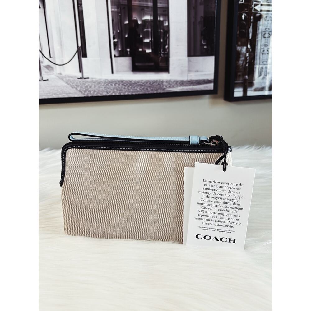 Coach Beige Canvas Wristlet with Black Trim and Light Blue Strap - Picture 2 of 4